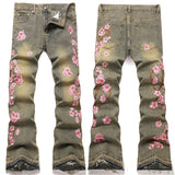 Mens Fashion Jeans Pink cherry blossom embroidery 5719#
