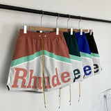Rhude Shorts Color Matching Alphabet Casual Sports Mesh Shorts Elastic Beach Pants