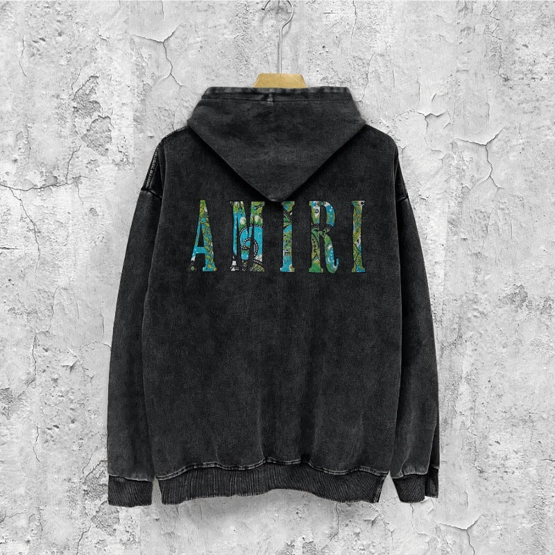 Amiri washed hoodie waist flower camouflage letter distressed printing