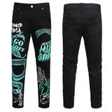 Mens Fashion Jeans Green Snake Street Graffiti 5705#