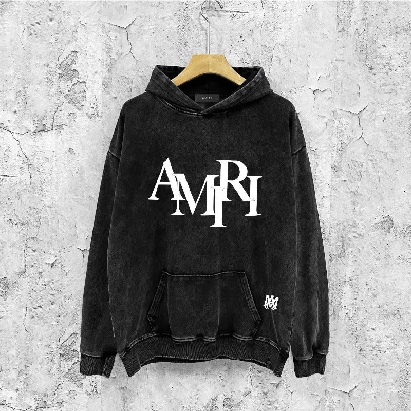 Amiri washed hoodie with overlapping letter foam printing and distressed printing