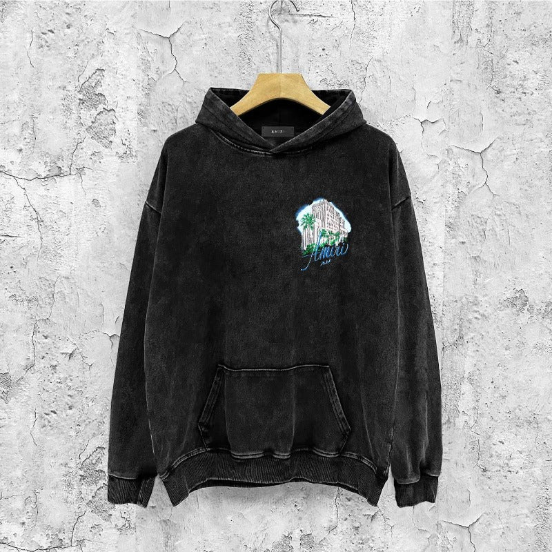 Amiri washed hoodie urban forest printing distressed printing