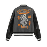 Off White Jacket Spring OW Skull Decal Woolen Splicing Leather Sleeve Heavy Industry Embroidered Jacket