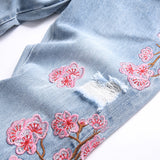 Mens Fashion Jeans Pink cherry blossom embroidered wide-leg pants 5711#