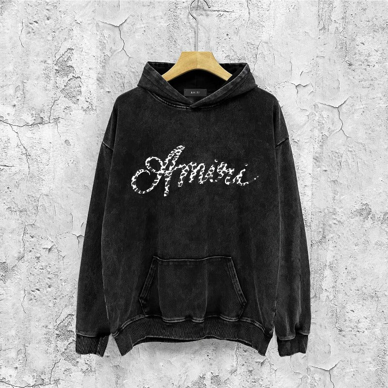 Amiri washed hoodie silver ring snake letter distressed printing