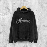 Amiri washed hoodie silver ring snake letter distressed printing