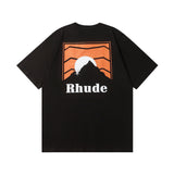 Rhude T Shirt Striped Sunset Snow Mountain Print Short Sleeve T-Shirt