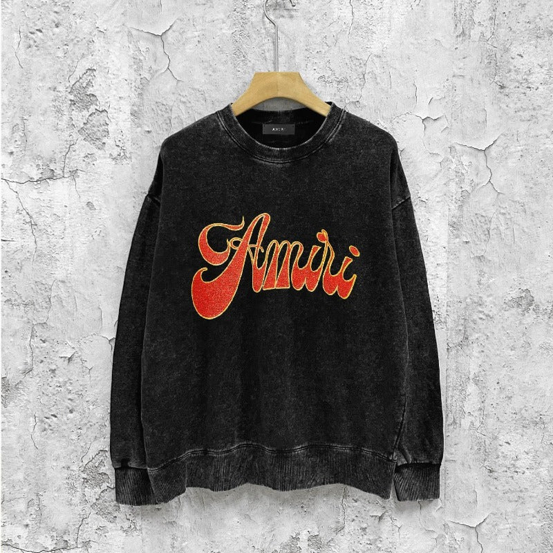 Amiri washed sweatshirt flame gold letterprinting washed and distressed