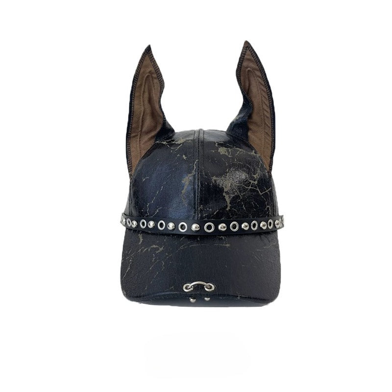 American doberman dog ear baseball cap for men and women leather punk studded peaked cap