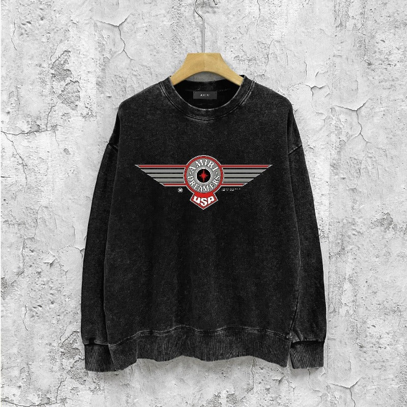 Amiri washed sweatshirt flying eagle wings chapter printing washed and distressed