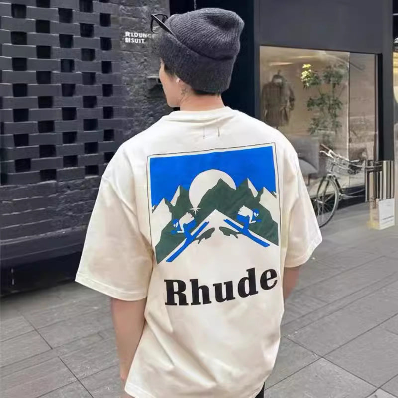 Rhude T Shir Sunset Snow Mountain Print Short Sleeve T-Shirt