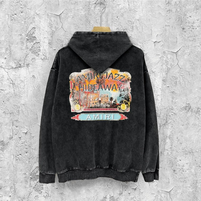 Amiri washed hoodie lake view oil painting distressed printing