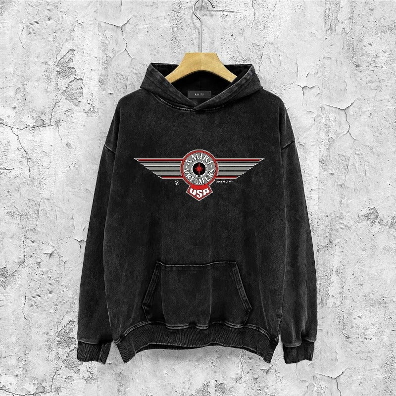 Amiri washed hoodie flying eagle wings chapter printing distressed printing