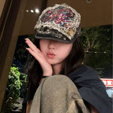 Y2k hot girl hat heavy industry sequin heart denim big head beret