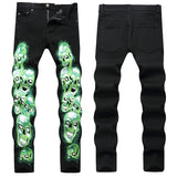 Mens Fashion Jeans Green glowing skull 5709#