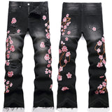 Mens Fashion Jeans Pink cherry blossom embroidered wide-leg pants 5710#