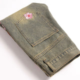 Mens Fashion Jeans Pink cherry blossom embroidery 5719#