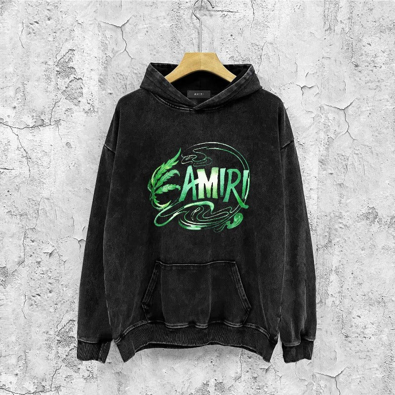 Amiri washed hoodie green leaf letter distressed printing