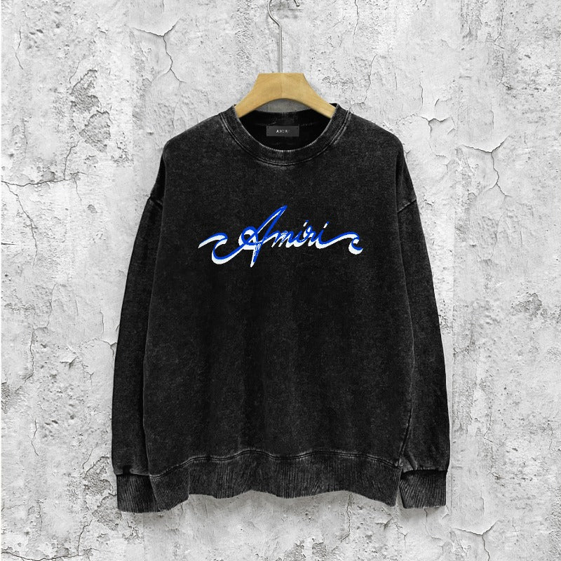 Amiri washed sweatshirt blue art word printing washed and distressed