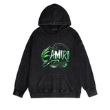 Amiri washed hoodie green leaf letter distressed printing