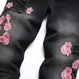Mens Fashion Jeans Pink cherry blossom embroidered wide-leg pants 5710#