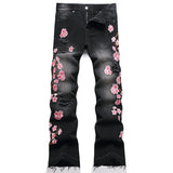 Mens Fashion Jeans Pink cherry blossom embroidered wide-leg pants 5710#