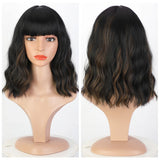 Women's Wigs Bob Cut Water Wave Bangs Highlighted Wig