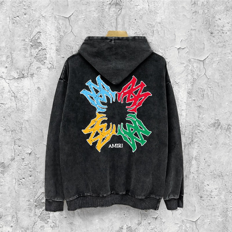 Amiri washed hoodie color block simple label set washed distressed printing