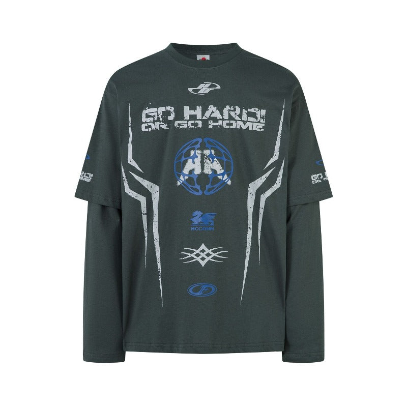 Men's long sleeve shirt - vintage streetwear style, creative graphic design, men's faux two-piece