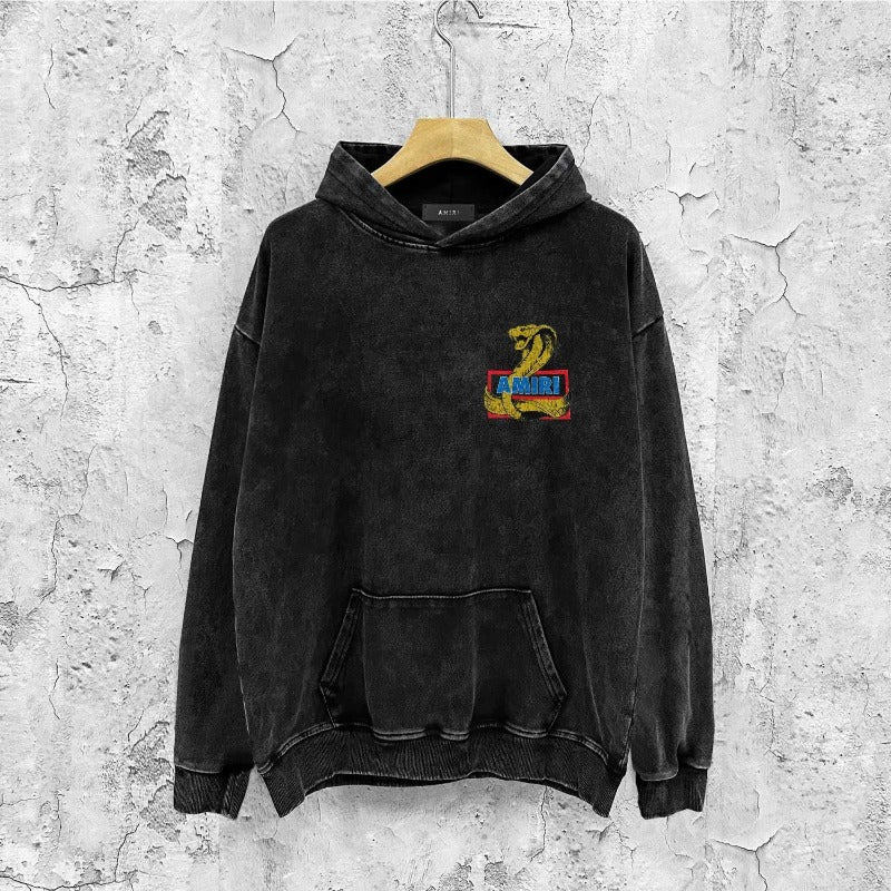 Amiri washed hoodie king cobra gold printing distressed printing