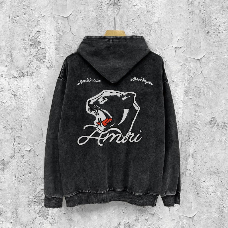 Amiri washed hoodie black panther distressed printing