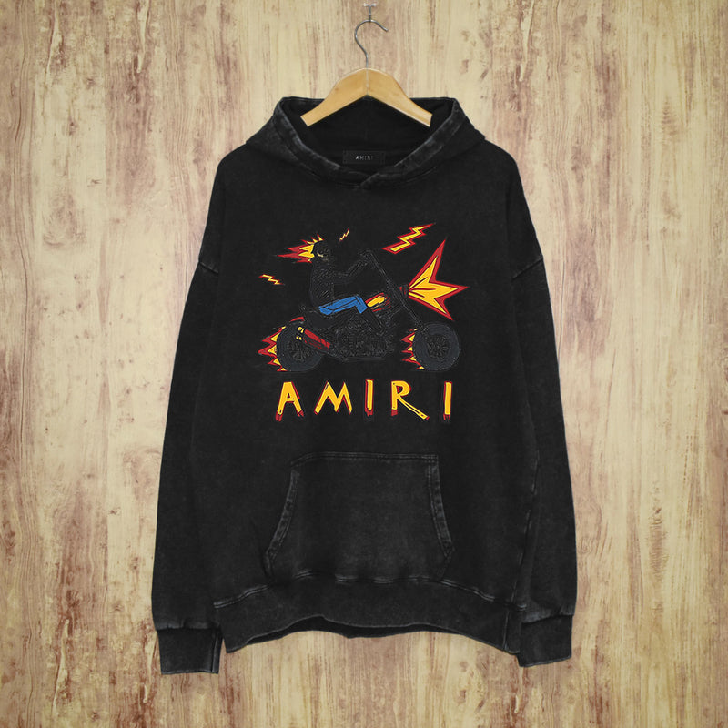 Amiri washed hoodie motorcycle skull washed distressed printing