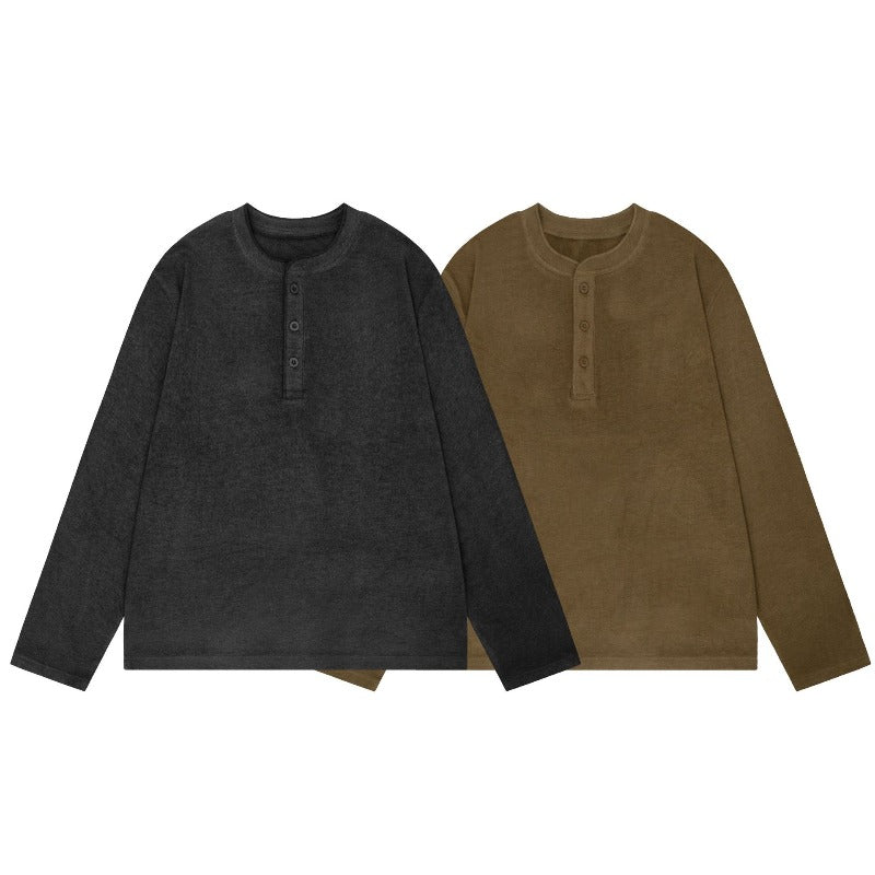 Men long sleeved shirt retro henry collar retro old money pure color bottom design men's round neck