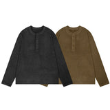 Men long sleeved shirt retro henry collar retro old money pure color bottom design men's round neck