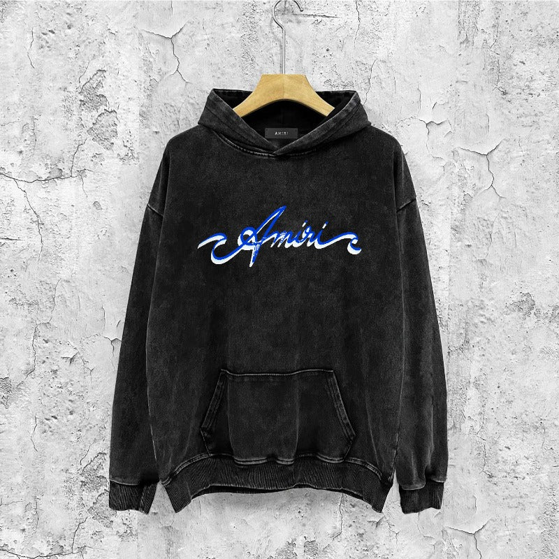Amiri washed hoodie blue color art word printing washed and distressed