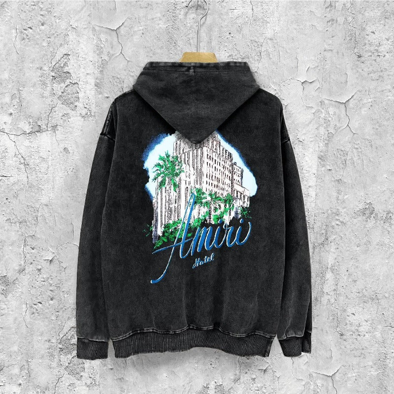 Amiri washed hoodie urban forest printing distressed printing