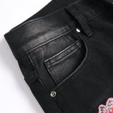 Mens Fashion Jeans Pink cherry blossom embroidered wide-leg pants 5710#