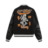 Off White Jacket Spring OW Skull Decal Woolen Splicing Leather Sleeve Heavy Industry Embroidered Jacket