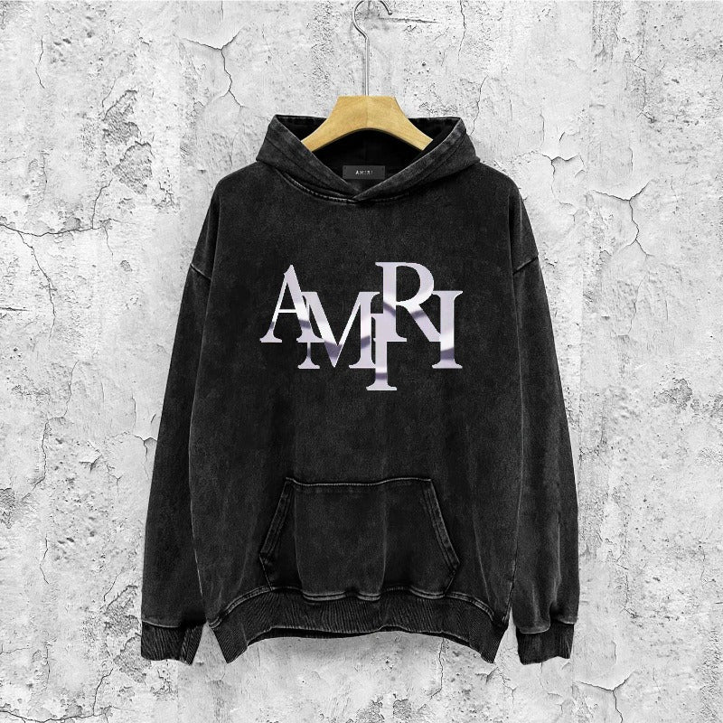 Amiri washed hoodie metallic glossy letter washed distressed printing