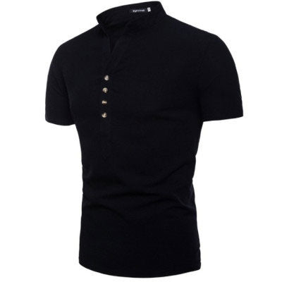 Men's Summer Short Sleeve Solid Color Stand Collar Linen Shirt plus Size Sports Retro Fashion Casual Men Shirt