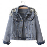 Pearl Jean Jacket Spring and Autumn Casual Pearl Loose Denim Jacket for Women
