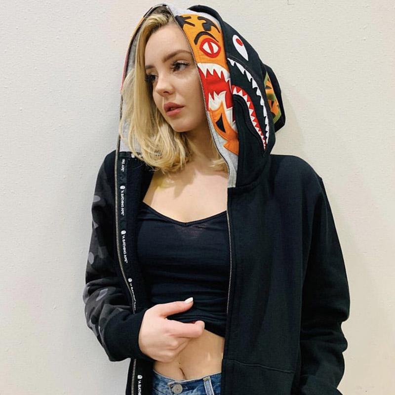 A Ape Print Hoodie Tiger Head Shark Double Hood Sweater Camouflage Hoodie Youth Hooded Sweater Casual Coat