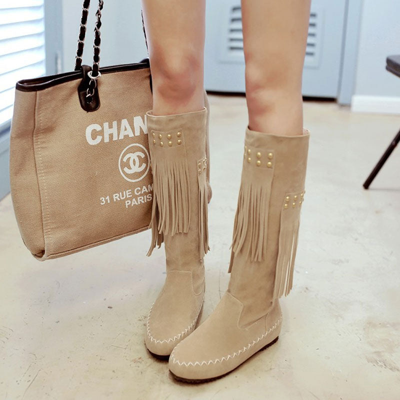 Beyonce Coachella Boots Brushed Velvet Tassel Boots Rivet High Leg Boot Wedge Leisure Boots