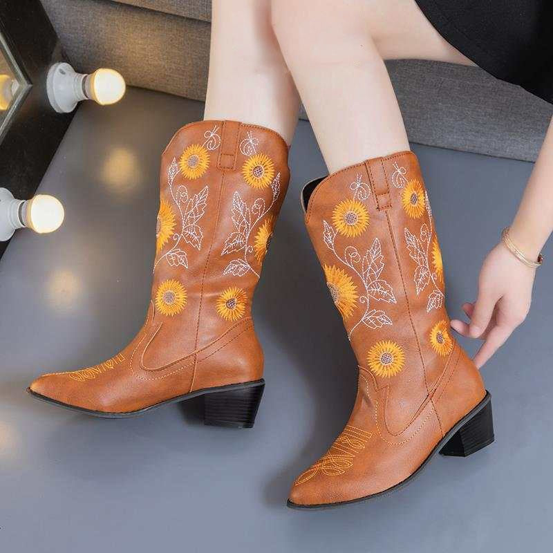 Coachella Festival Boots Chunky Heel Embroidery Women's Leather Boots