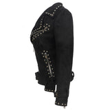 Punk Leather Jacket with Spikes Embroidered Rivet Deerskin Velvet Long Sleeve Leather Jacket Women's Punk Style Deerskin Velvet Jacket