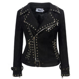 Punk Leather Jacket with Spikes Embroidered Rivet Deerskin Velvet Long Sleeve Leather Jacket Women's Punk Style Deerskin Velvet Jacket