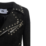 Punk Leather Jacket with Spikes Embroidered Rivet Deerskin Velvet Long Sleeve Leather Jacket Women's Punk Style Deerskin Velvet Jacket