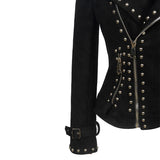 Punk Leather Jacket with Spikes Embroidered Rivet Deerskin Velvet Long Sleeve Leather Jacket Women's Punk Style Deerskin Velvet Jacket