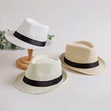Fedora Hat Straw Hat Female Summer Sun Hat British Style Top Hat Parent-Child Fedora Hat Men's Straw Hat Sun-Proof Straw Hat Beach Hat