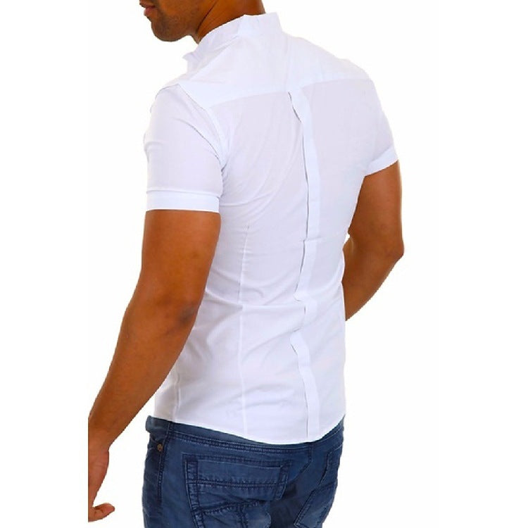 Men's Slim-Fit Fashion Double-Layer Wrinkle Stitching Solid Color Stand Collar Casual Short-Sleeved Shirt Men Shirt